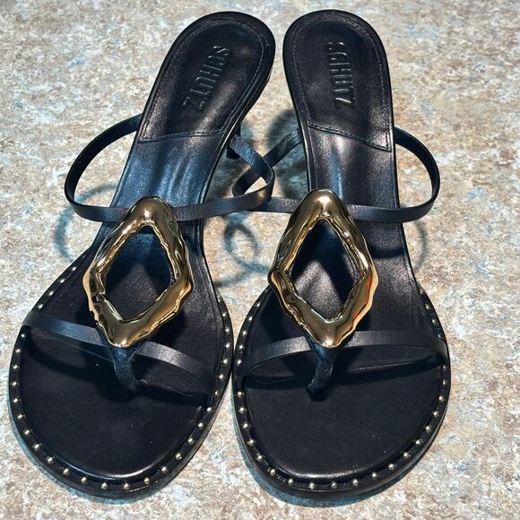 Schutz Women's Amarilis Stiletto Black Gold Sandal Mule Heels New Size 11 - Picture 6 of 11